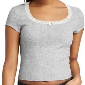 NWT wild fable Gray Pointelle Ribbed Lace-Trim Scoop Neck Crop Top with Rosette